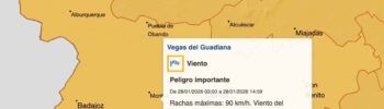 Mapa de aviso naranja por viento en Vegas del Guadiana para el 28 de enero