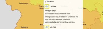 AEMET activa avisos por viento de hasta 90 km/h y lluvias intensas en Vegas del Guadiana el sábado 7 de febrero. Precaución en exteriores.